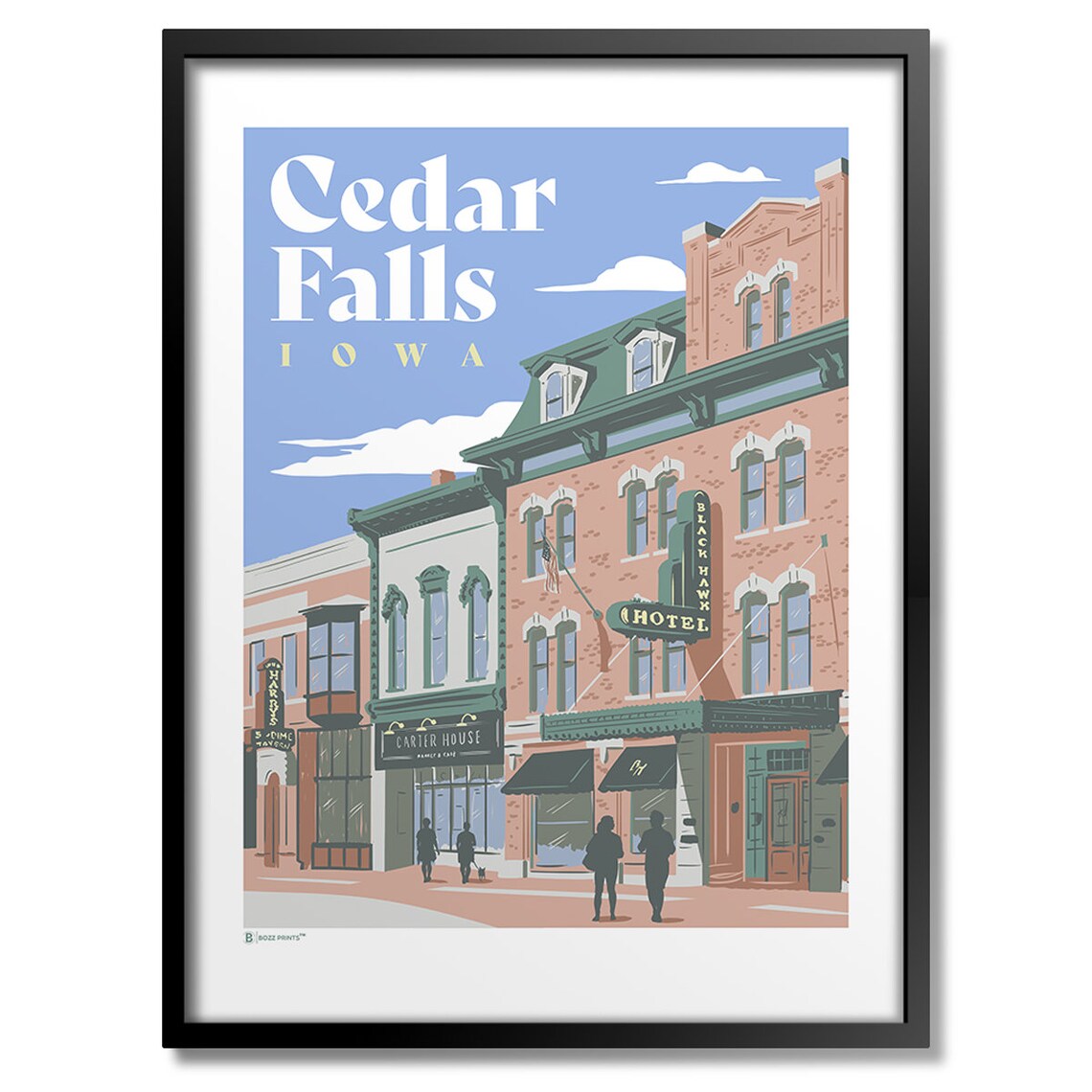 Cedar Falls Iowa Historic Main Street Black Hawk Hotel Vintage Travel Poster