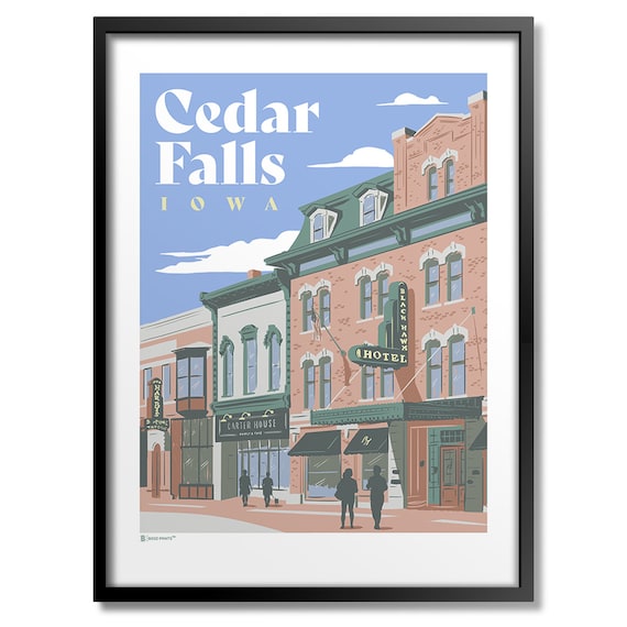 Cedar Falls Iowa Historic Main Street Black Hawk Hotel Vintage Travel Poster