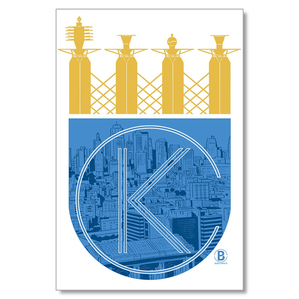 Kansas City Skyline Blue Gold Retro Pylons Vintage Modern Poster