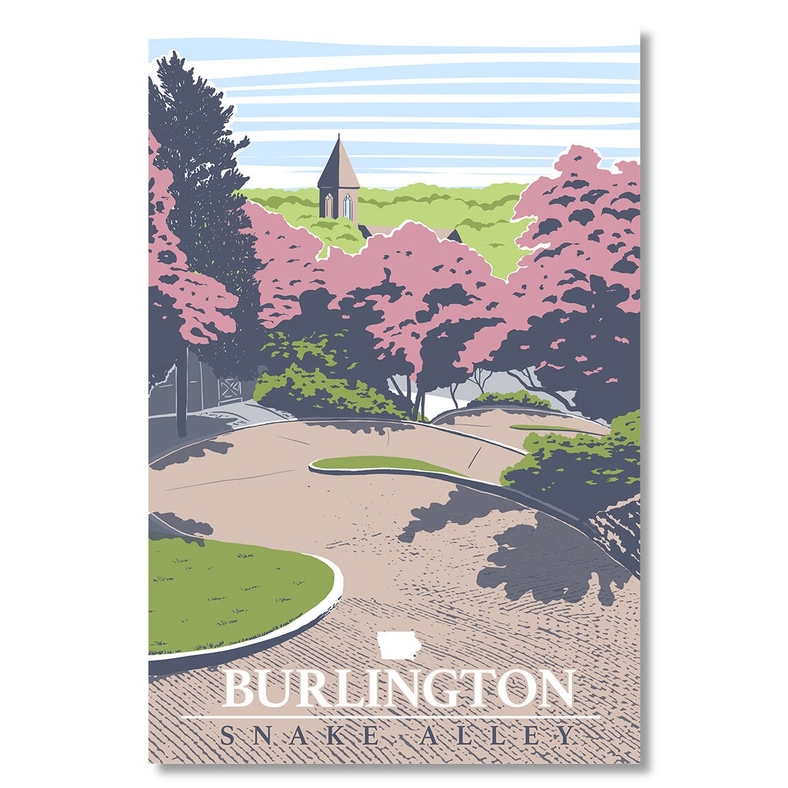 Burlington Iowa Snake Alley Winding Brick Street Chapel Blossom Travel Poster