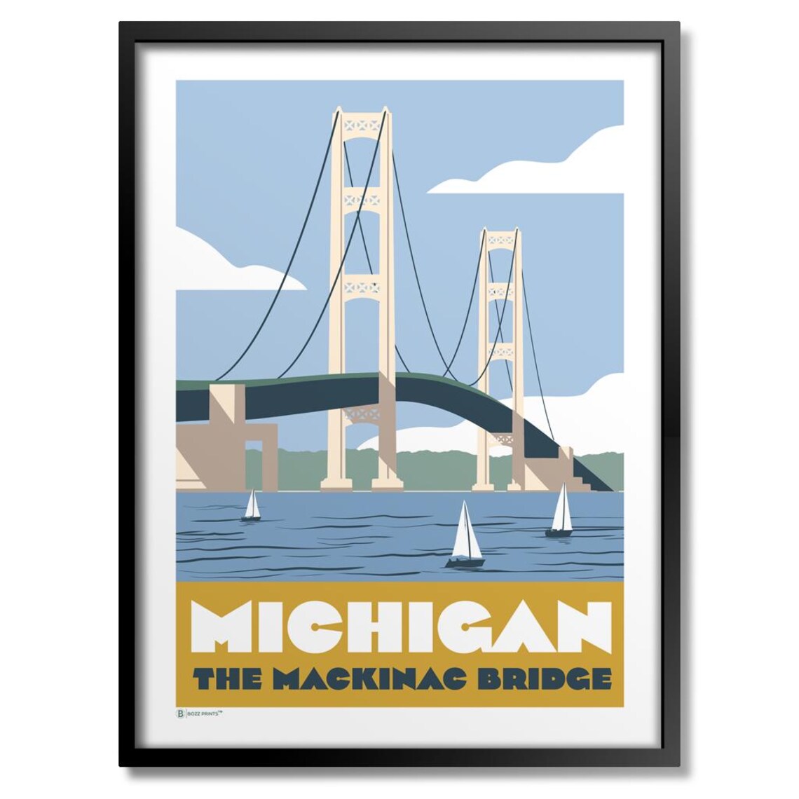 Michigan The Mackinac Bridge Sailboat Vintage Travel Art Poster