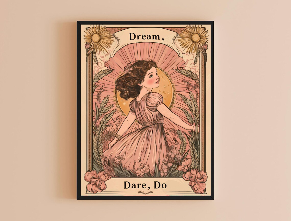 Dream Dare Do Storybook Girl Sunburst Blush Floral Art Poster - Image 4