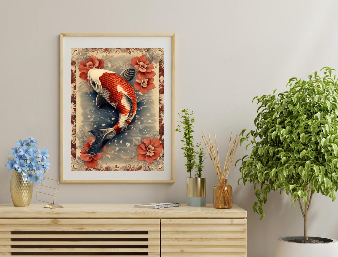 Red White Koi Fish Hibiscus Flowers Japanese Tattoo Style Art Print - Image 3