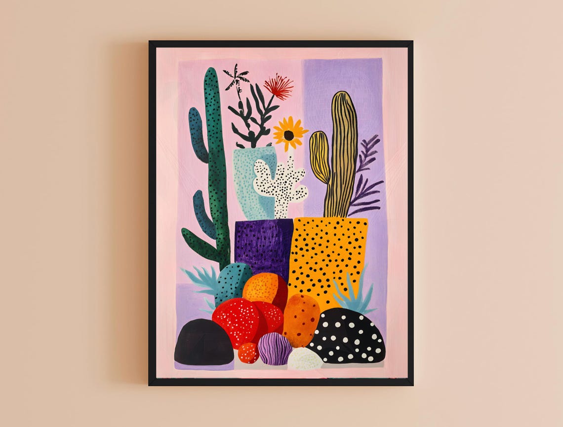 Colorful Cactus Succulent Still Life Playful Pink Lavender Art Print