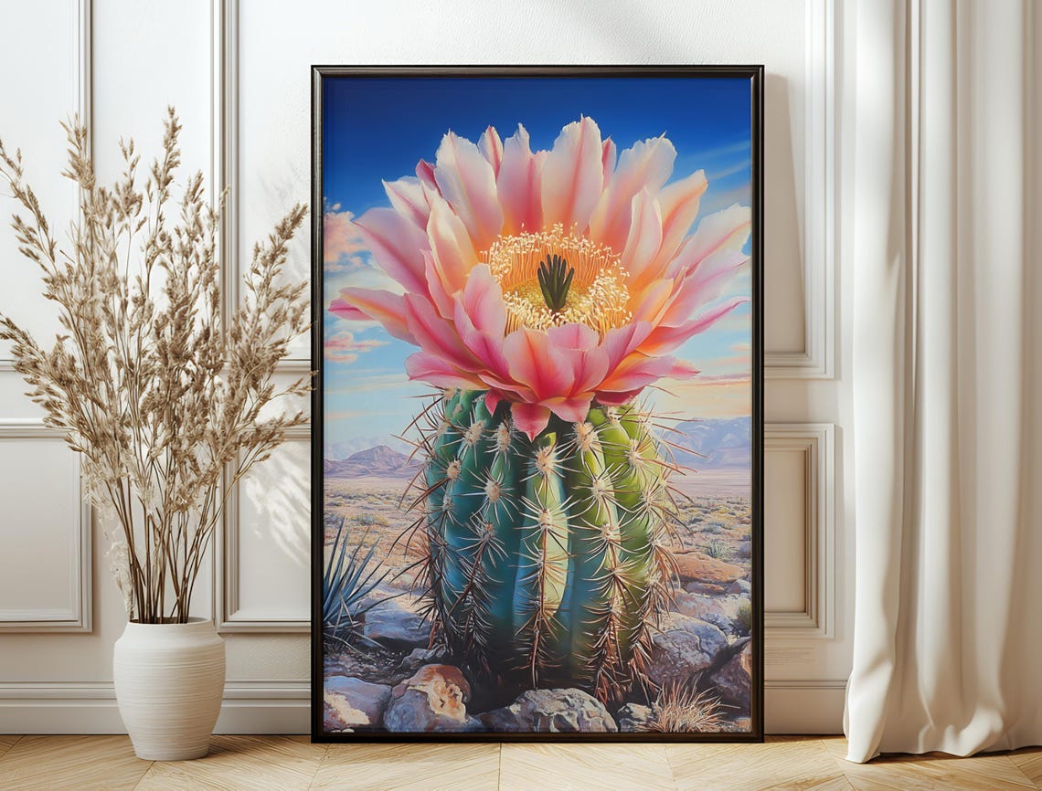 Giant Pink Cactus Bloom Barrel Cactus Desert Blue Sky Botanical Poster