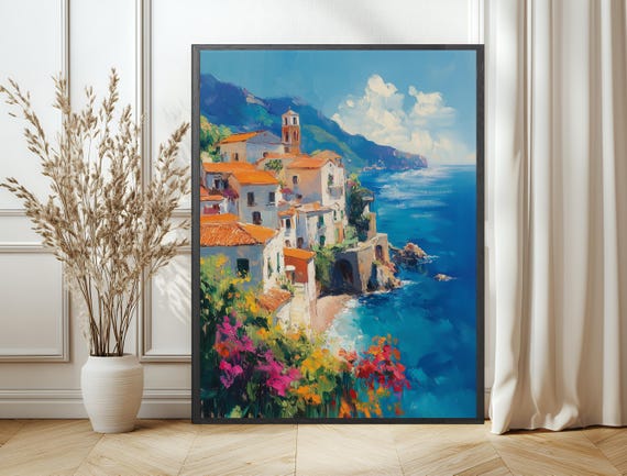 Amalfi Coast Italy Travel Print Bold Mediterranean Art Maximalist Decor For Living Room Home Office