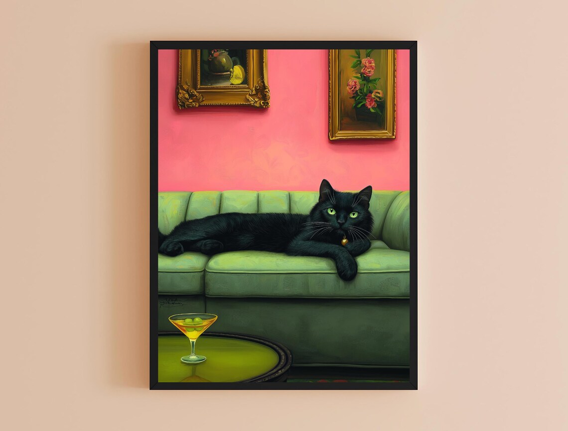 Black Cat Lounging Green Sofa Pink Wall Martini Funny Maximalist Poster