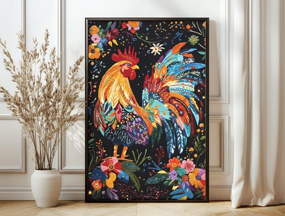 Moody Vintage Art Print Large Floral Bird Dark Maximalist Wall Art For Home Office Bold Colorful Decor