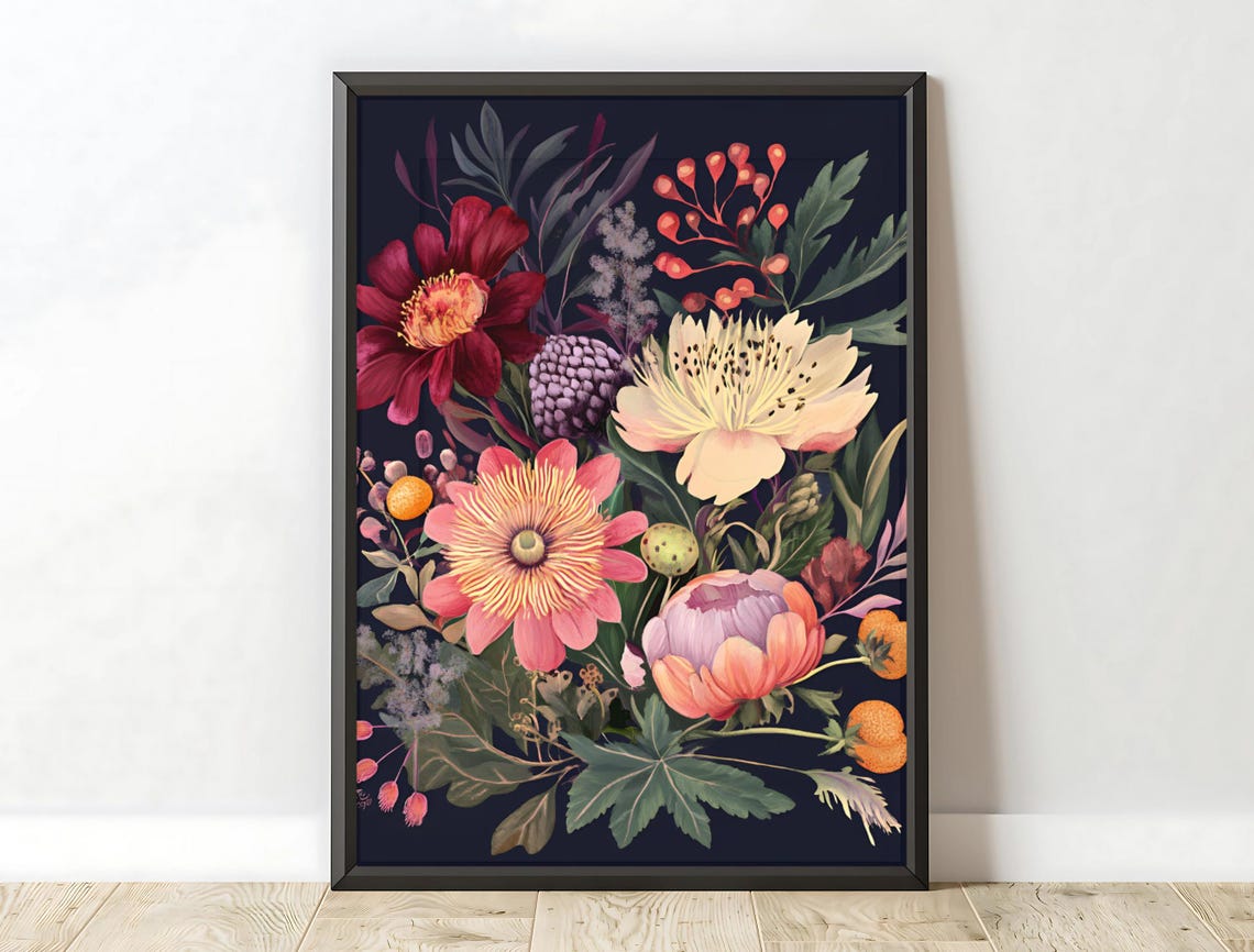 Moody Burgundy Peony Bouquet Dark Botanical Vintage Floral Art Print