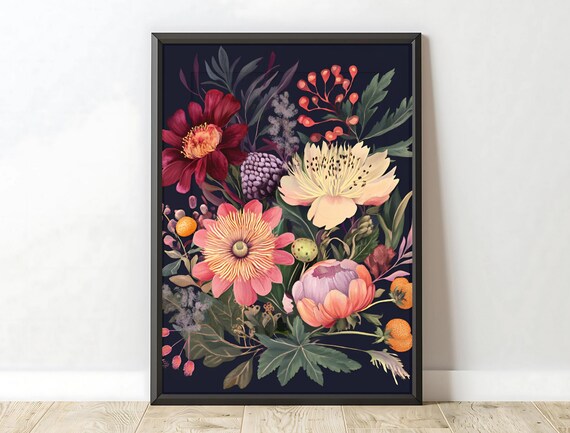 Moody Floral Art Vibrant Peony Print For Dark Botanical Decor Modern Interior Design
