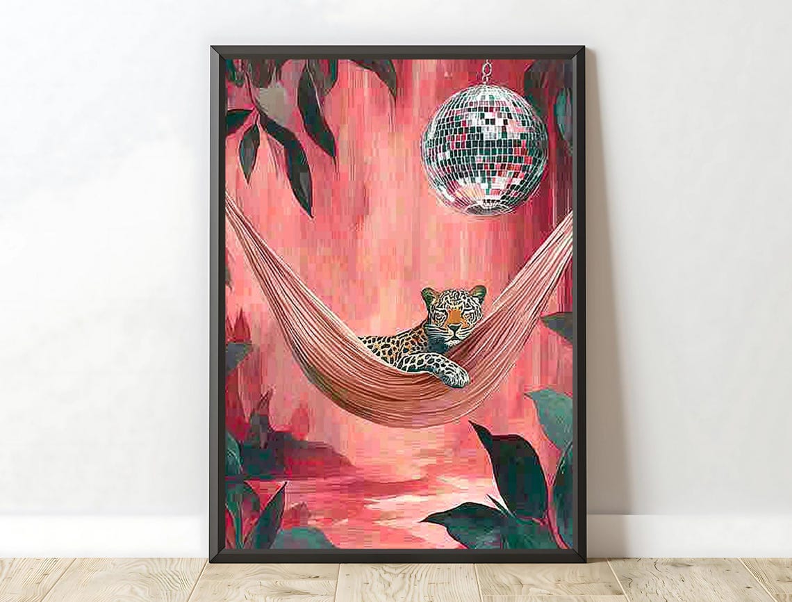 Leopard Pink Hammock Mirror Disco Ball Palm Jungle Eclectic Art Poster