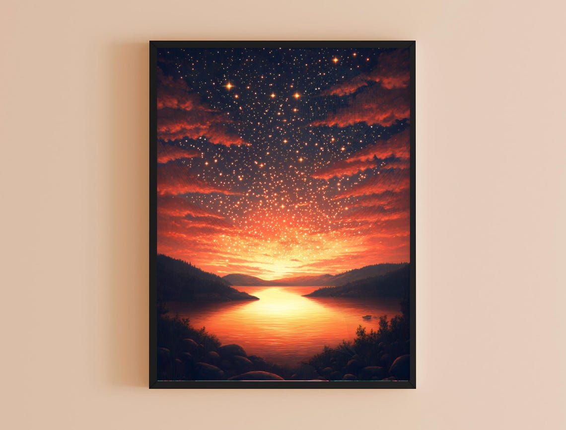Fiery Sunset Lake Starry Sky Red Clouds Dramatic Landscape Wall Art - Image 4
