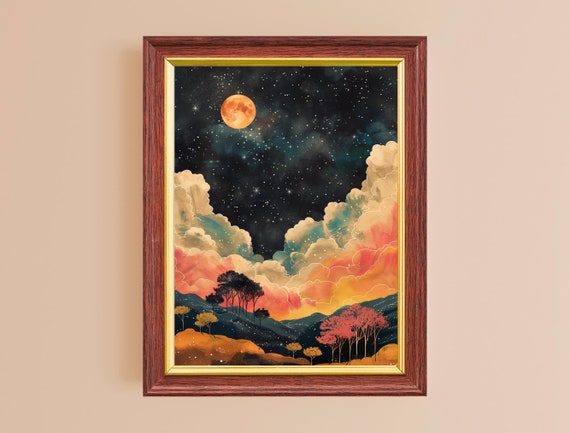 Vintage Moon Poster Night Sky Print Colorful Wall Art For Aesthetic Room Dcor Trendy Maximalist Home Living Decor