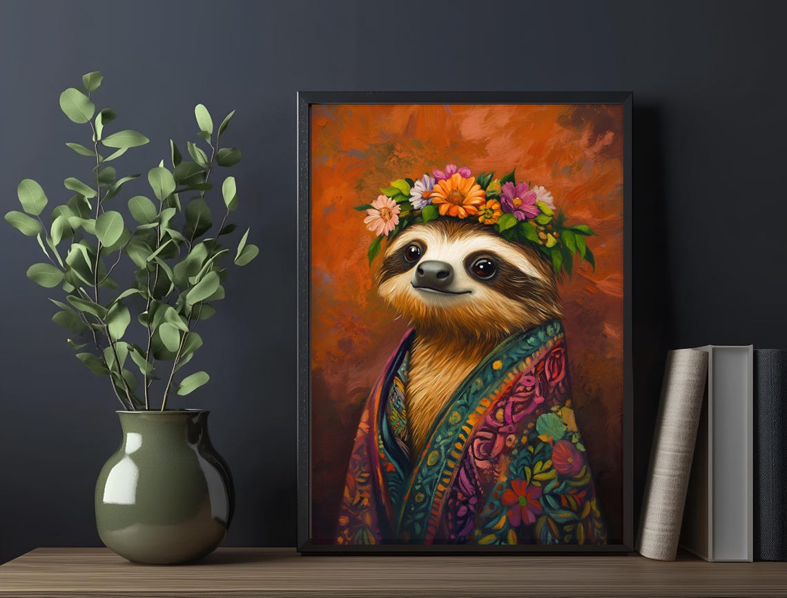 Smiling Sloth Flower Crown Patterned Robe Burnt Orange Art Poster - Image 6