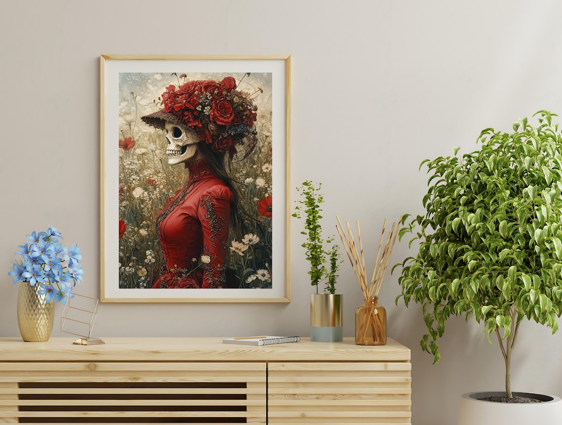 Skeleton Lady Red Rose Crown Vintage Floral Gothic Halloween Art Poster - Image 3
