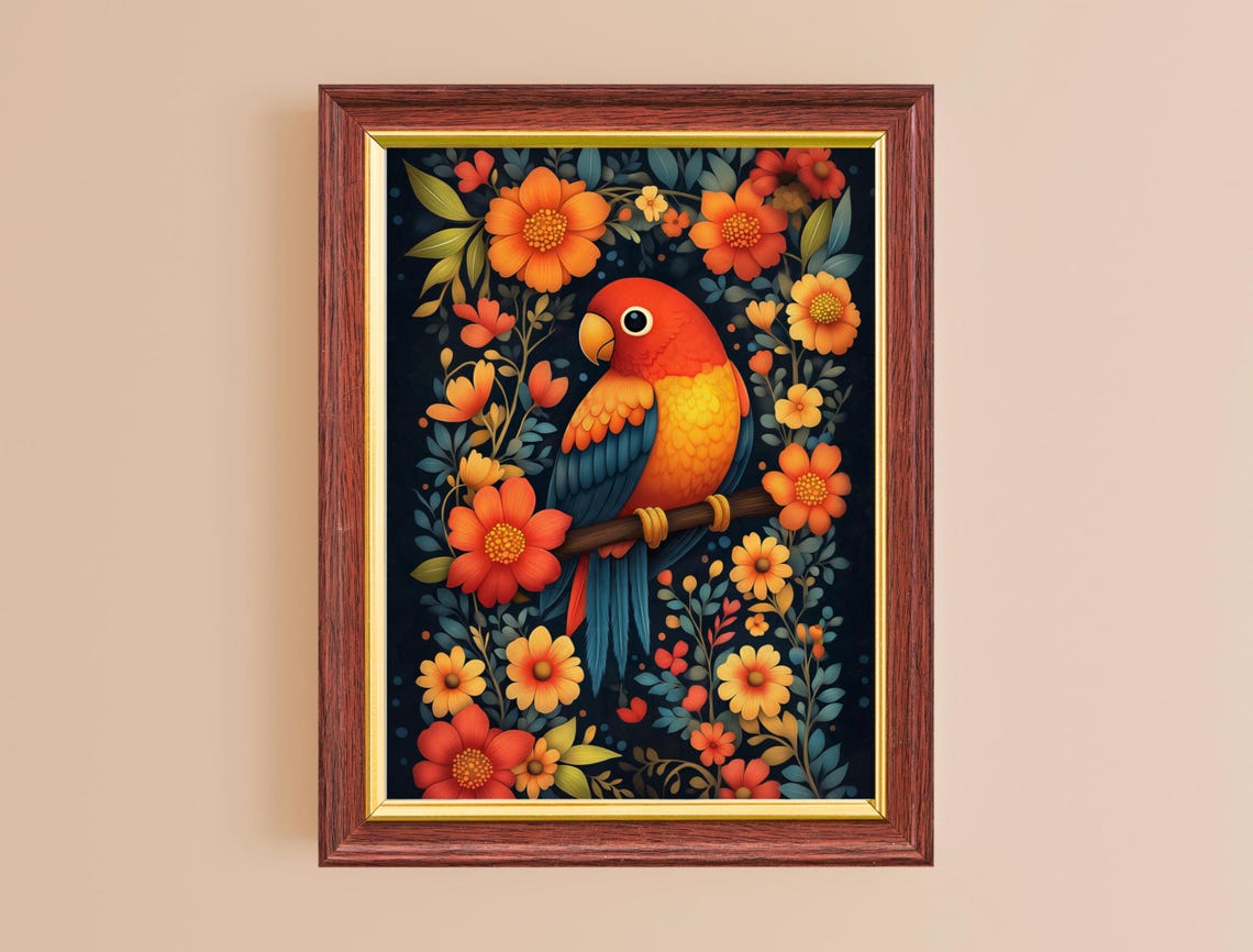 Red Gold Parrot Blue Wings Floral Dark Background Tropical Bird Print