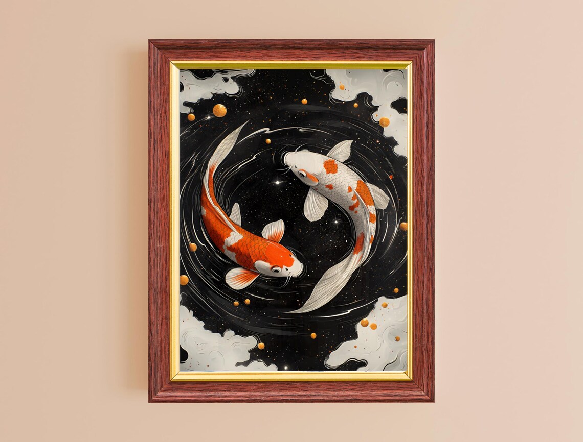 Koi Fish Yin Yang Circle Black Pond Japanese Balance Art Poster - Image 2