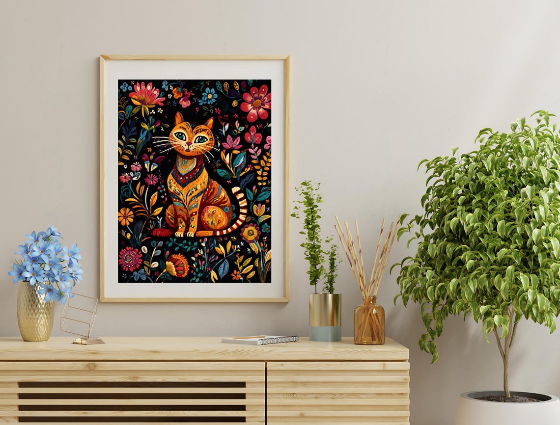 Orange Tabby Cat Folk Art Colorful Floral Dark Background Print - Image 3