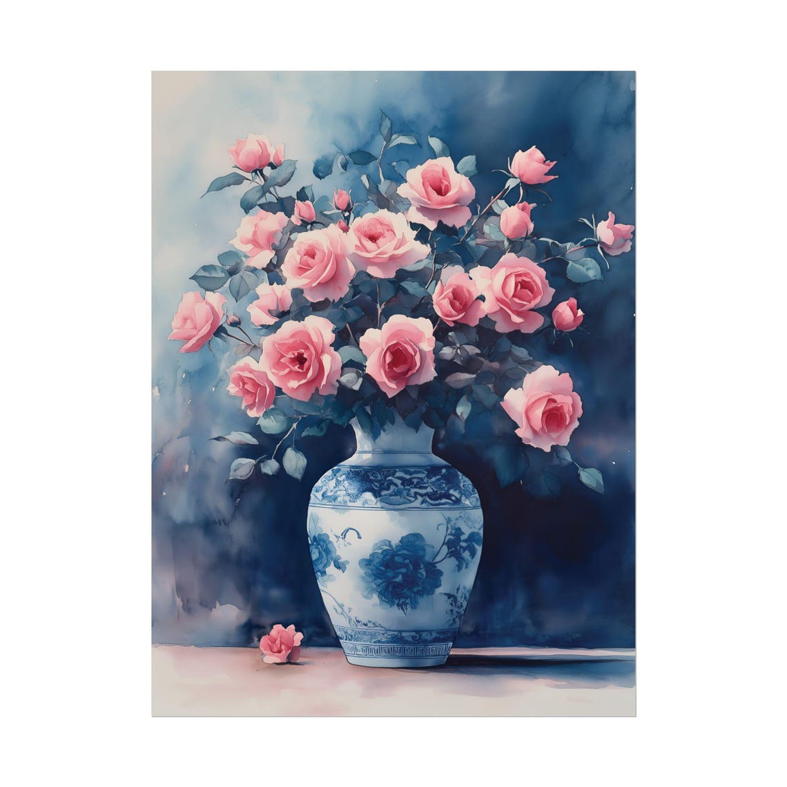 Pink Roses Blue White Chinoiserie Vase Watercolor Floral Art Poster - Image 6