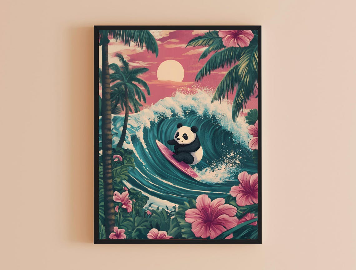 Surfing Panda Tropical Wave Pink Sunset Palm Tree Fun Poster - Image 3