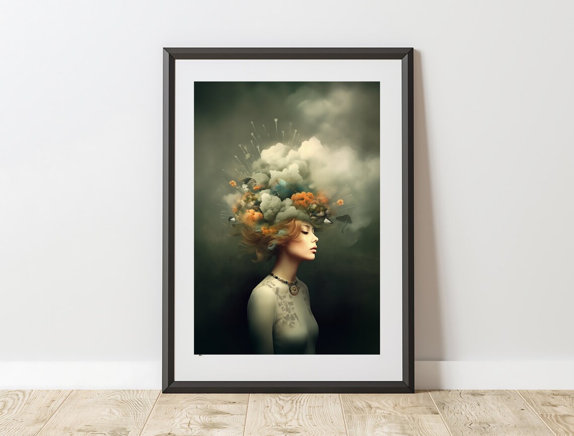 Surreal Woman Storm Clouds Flowers In Mind Dark Moody Wall Art Poster - Image 4