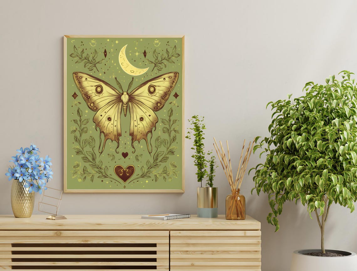 Luna Moth Moon Stars Sage Green Witchy Cottagecore Print Poster - Image 3