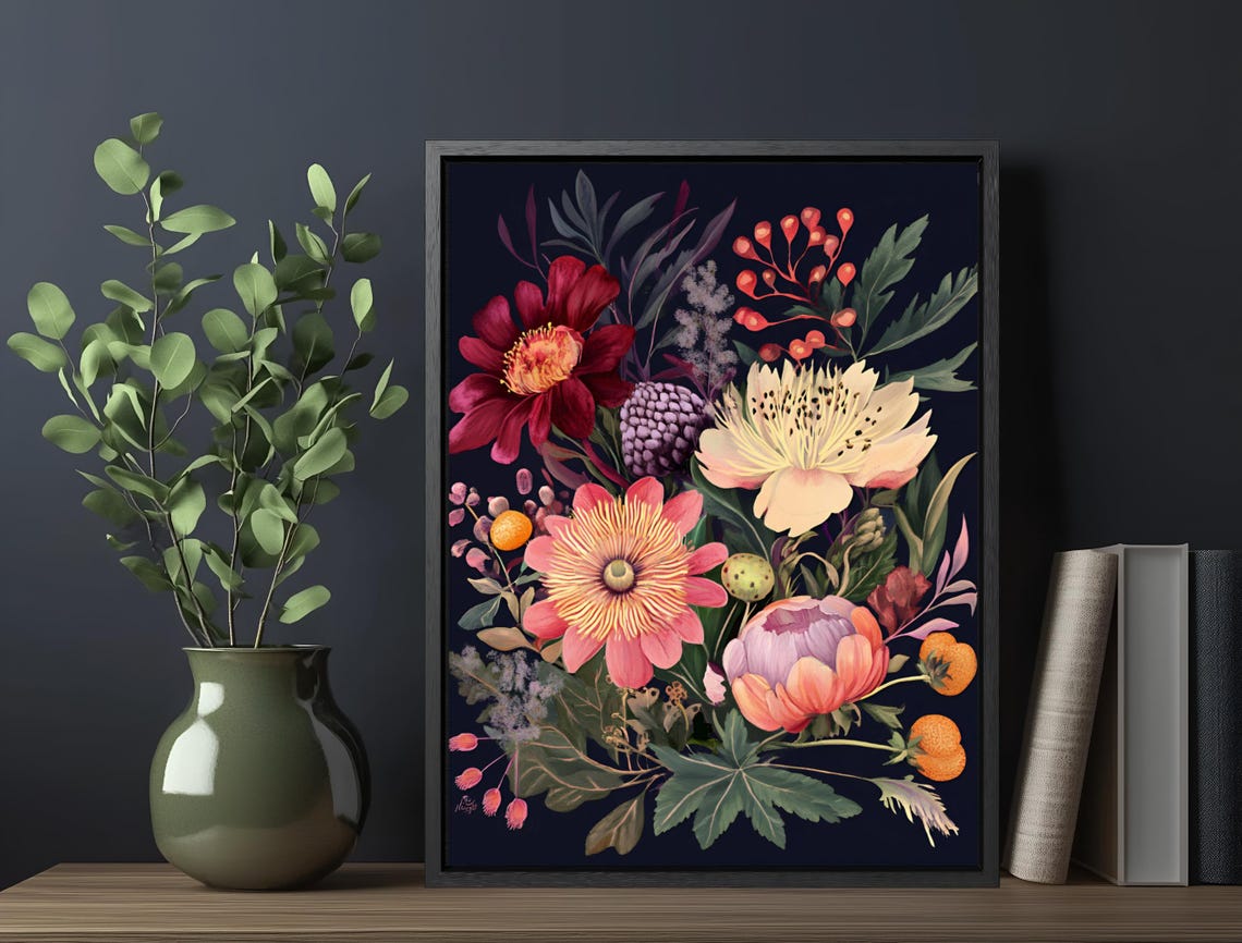Moody Burgundy Peony Bouquet Dark Botanical Vintage Floral Art Print - Image 6