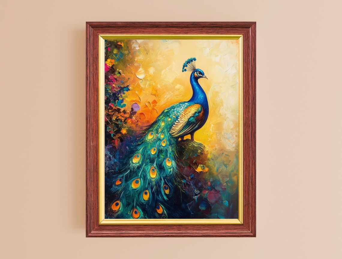 Peacock Perched Blue Gold Impressionist Garden Painterly Art Poster