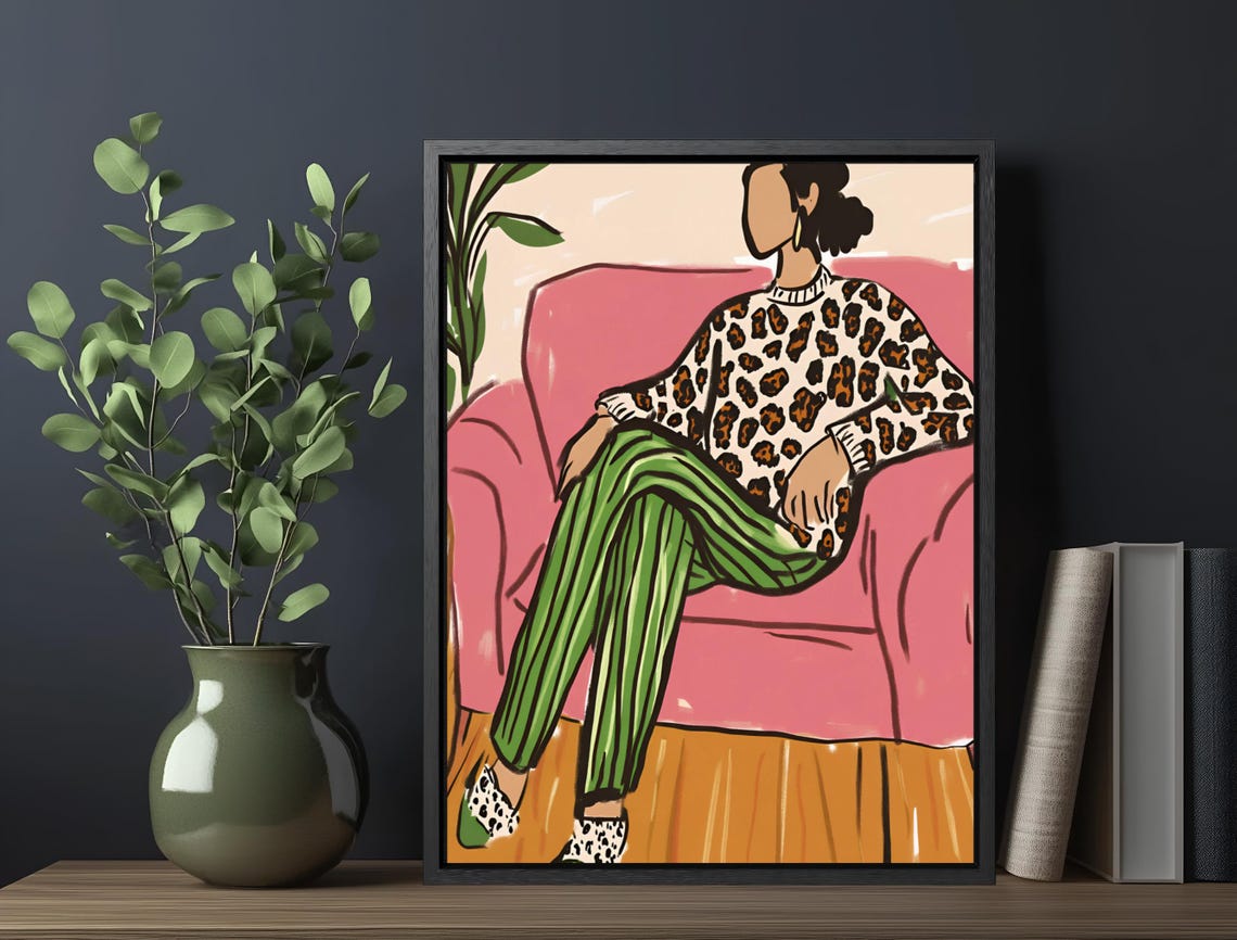 Stylish Woman Leopard Sweater Lounging Pink Chair Trendy Art Poster - Image 6