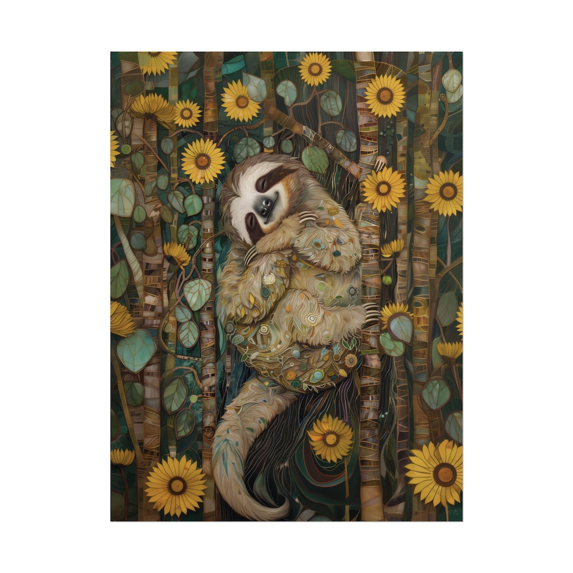 Sloth Hanging Sunflower Forest Art Print Cute Vintage Animal Wall Poster - Image 2