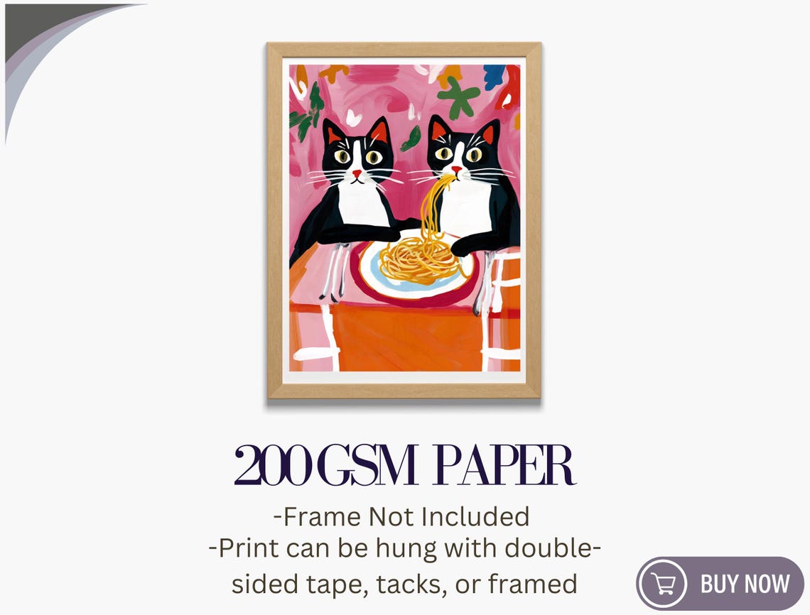 Two Tuxedo Cats Sharing Spaghetti Quirky Pink Kitchen Art Poster - Image 5