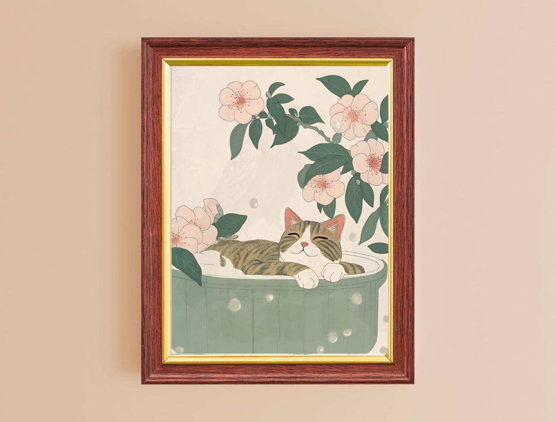 Cat Poster Japandi Art Minimalist Tabby Cat Print Japanese Bathroom Wall Decor Gift Cute Cat Wall Art - Image 2