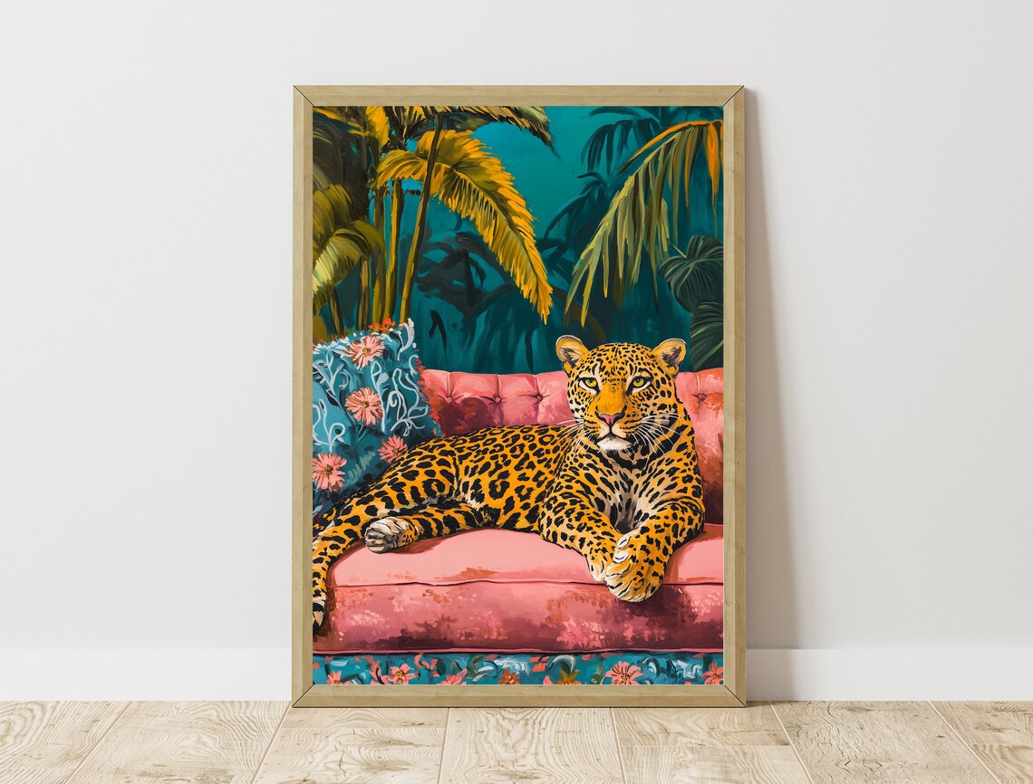 Leopard Lounging Pink Velvet Couch Tropical Palms Maximalist Jungle Animal Art Print - Image 3