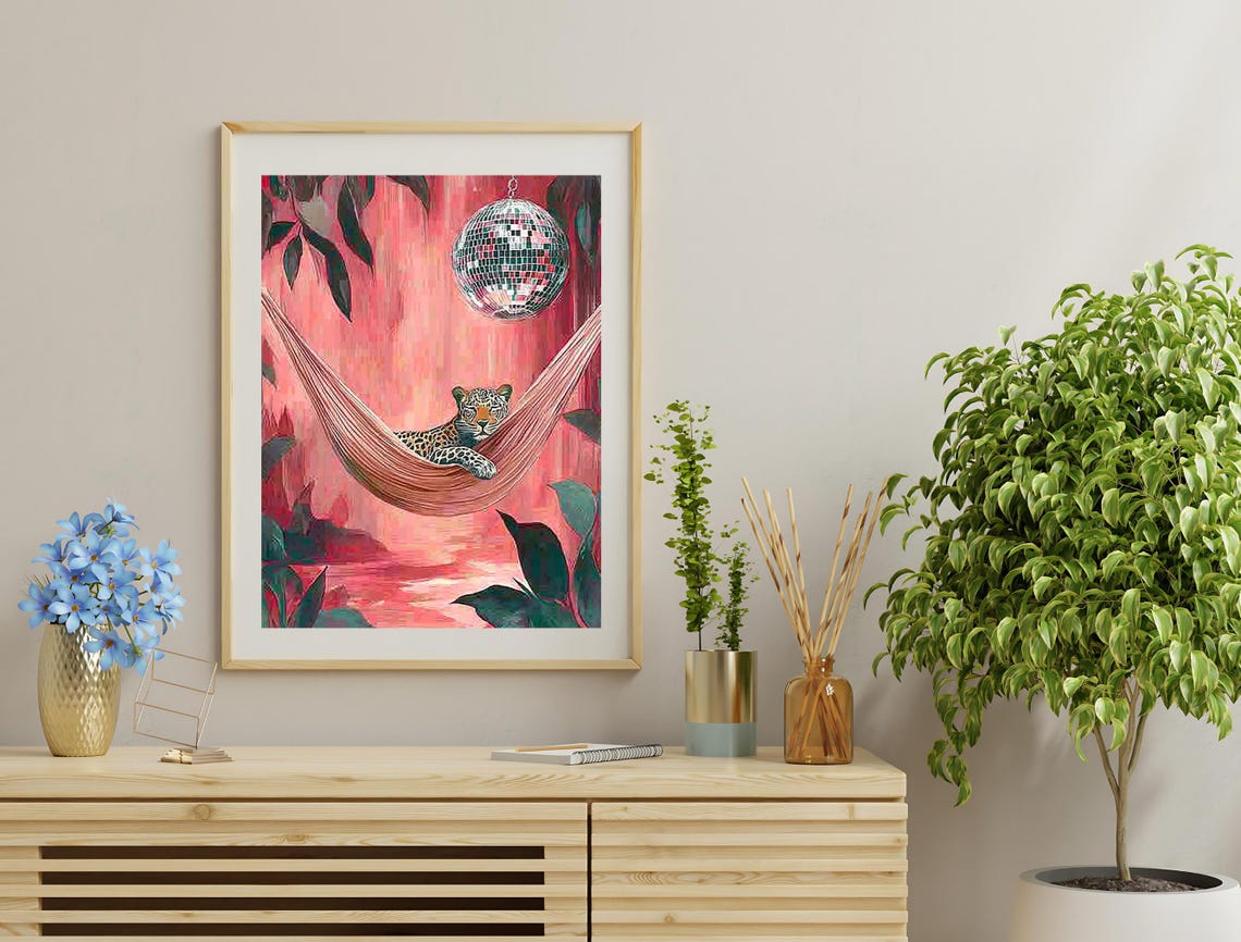 Leopard Pink Hammock Mirror Disco Ball Palm Jungle Eclectic Art Poster - Image 3