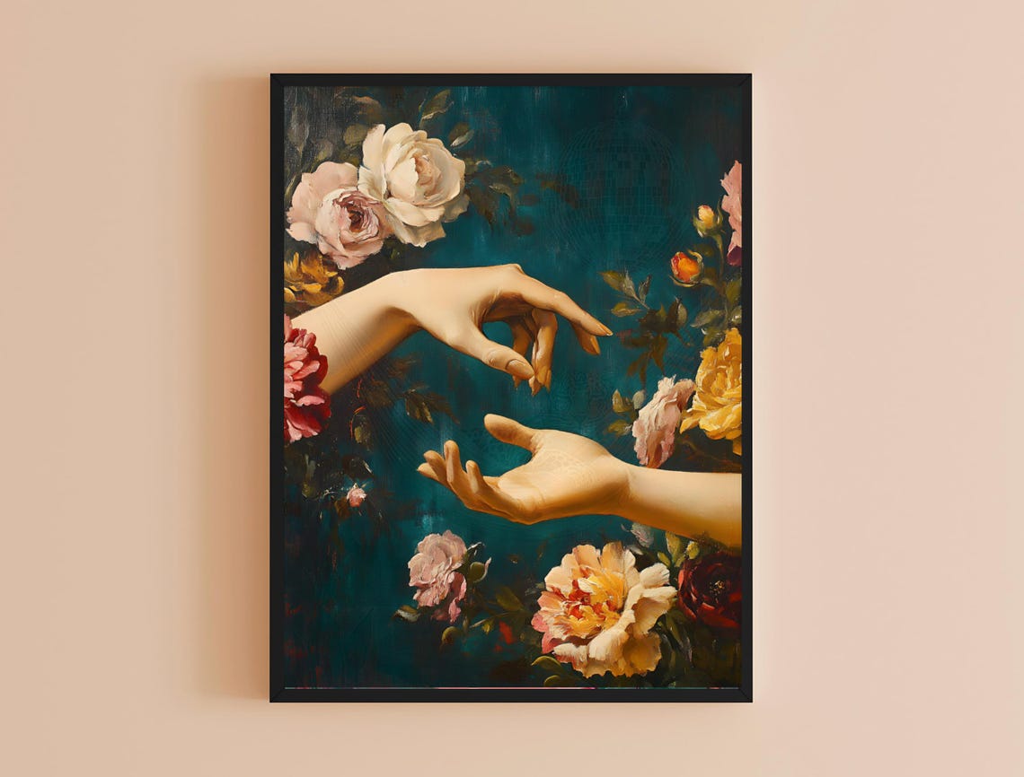 Two Hands Reaching Roses Teal Background Romantic Vintage Art Print - Image 4
