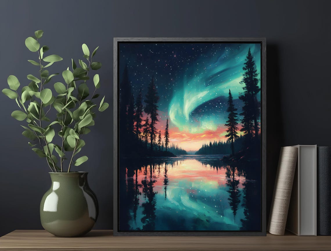 Aurora Borealis Teal Night Sky Sunset Lake Reflection Stars Print - Image 6