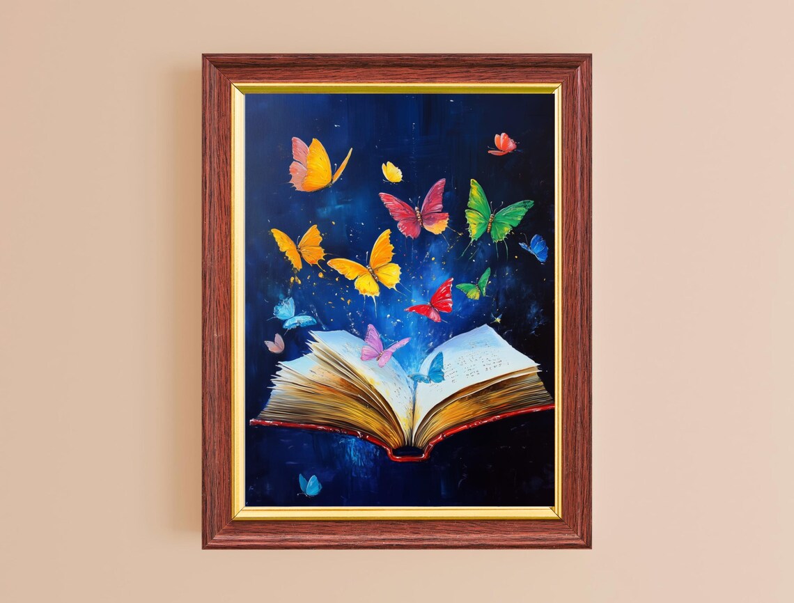 Open Book With Colorful Butterflies Flying Dark Blue Magic Reading Wall Art - Image 2