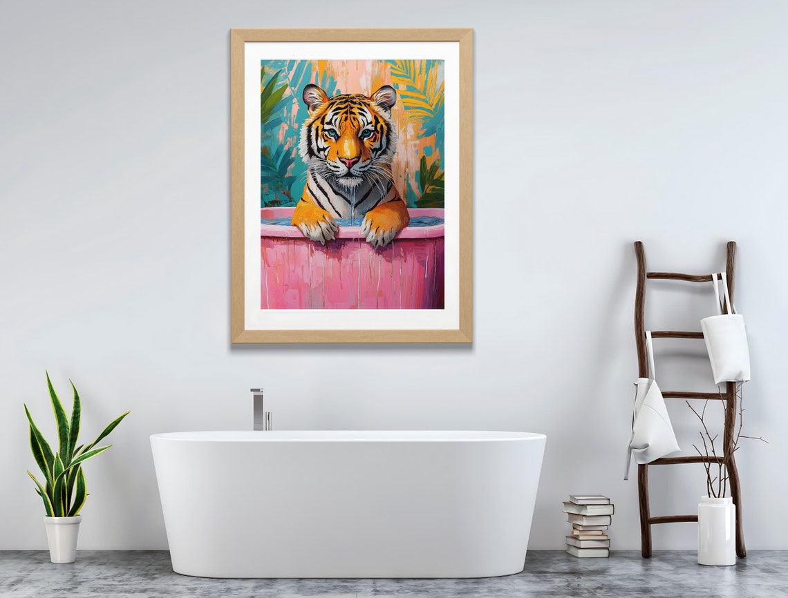 Tiger Cub Pink Bathtub Tropical Background Funny Cute Poster - Image 2