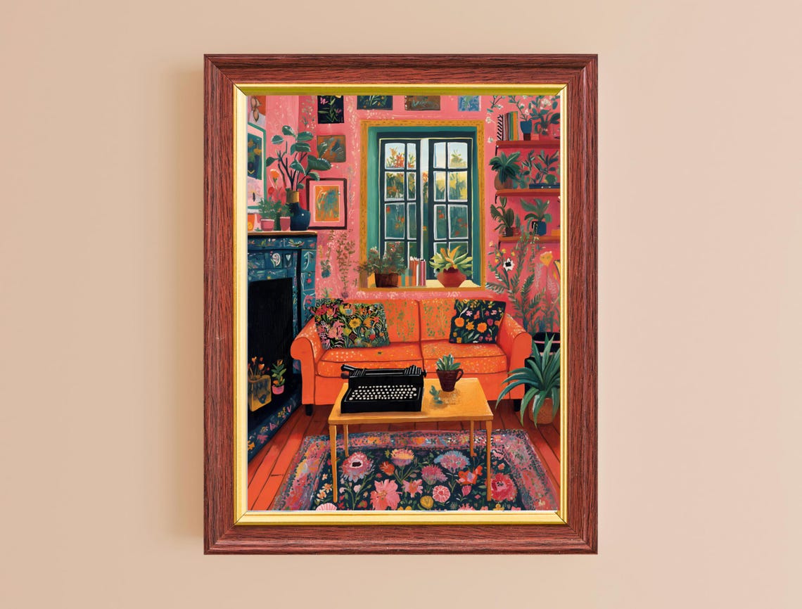 Matisse Inspired Maximalist Living Room Orange Sofa Plants Art Print - Image 2