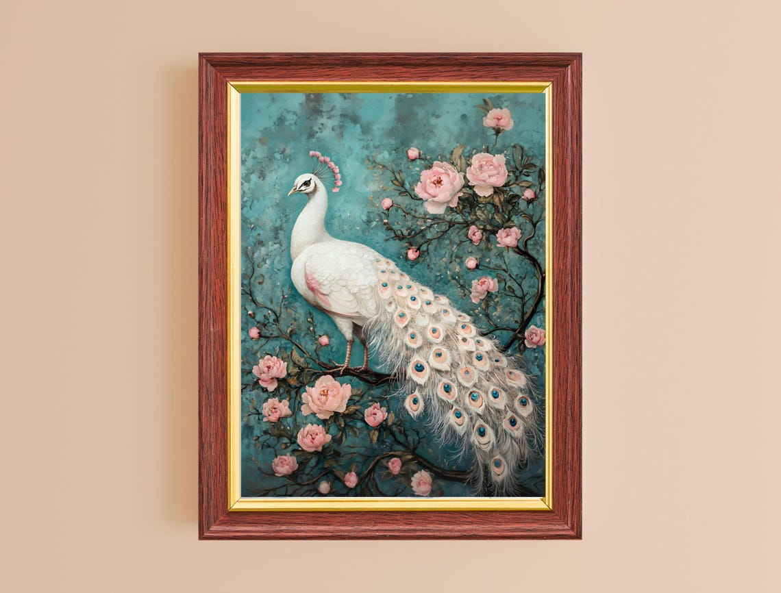 White Peacock Among Pink Roses Teal Chinoiserie Style Wall Art Print - Image 2