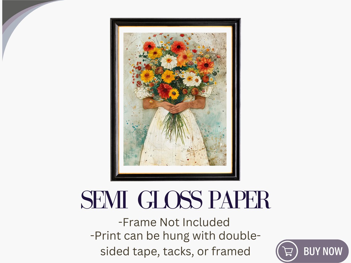 Woman White Dress Holding Wildflower Bouquet Vintage Floral Art Poster - Image 6