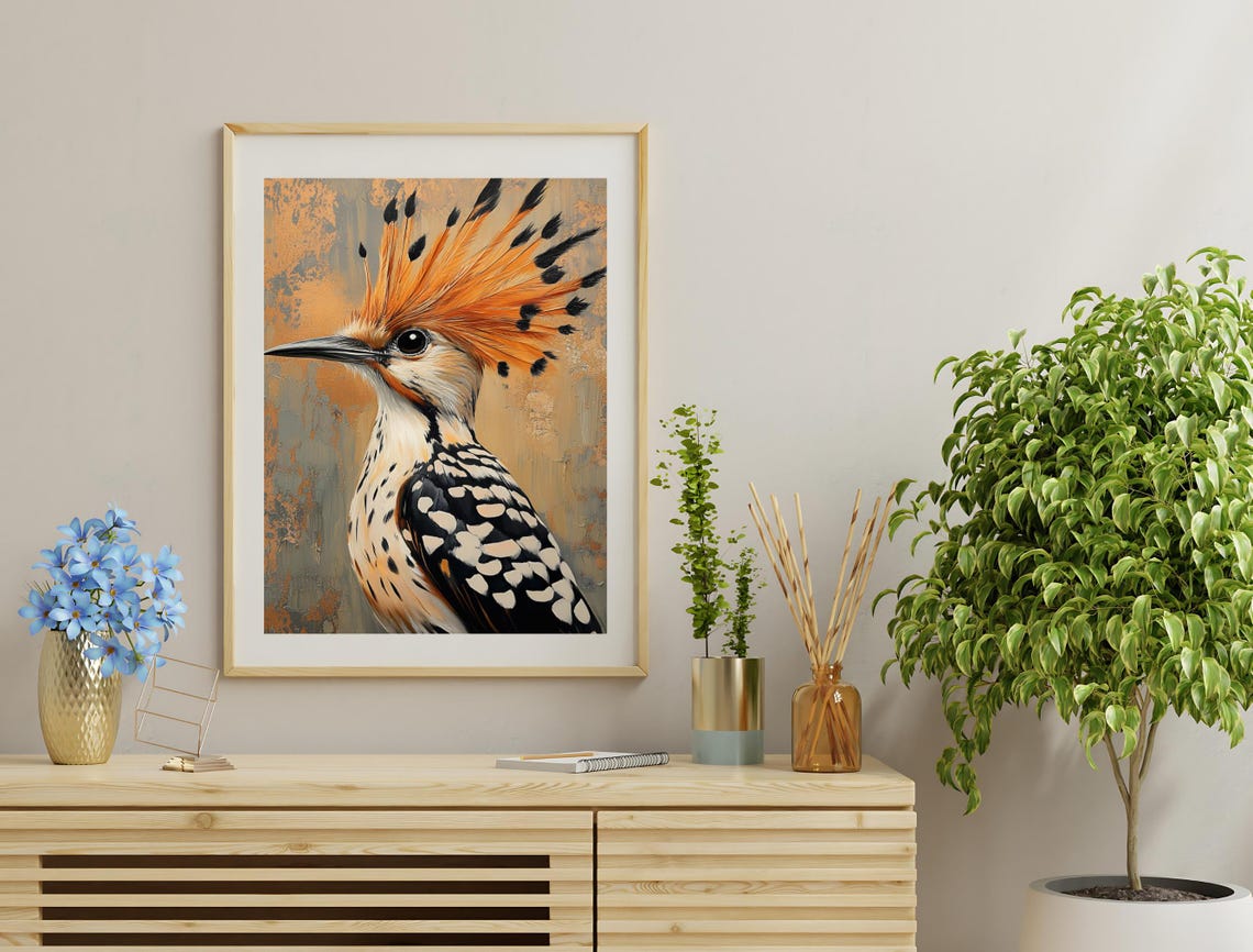 Eurasian Hoopoe Bird Portrait Orange Crest Rustic Wildlife Art Poster - Image 3