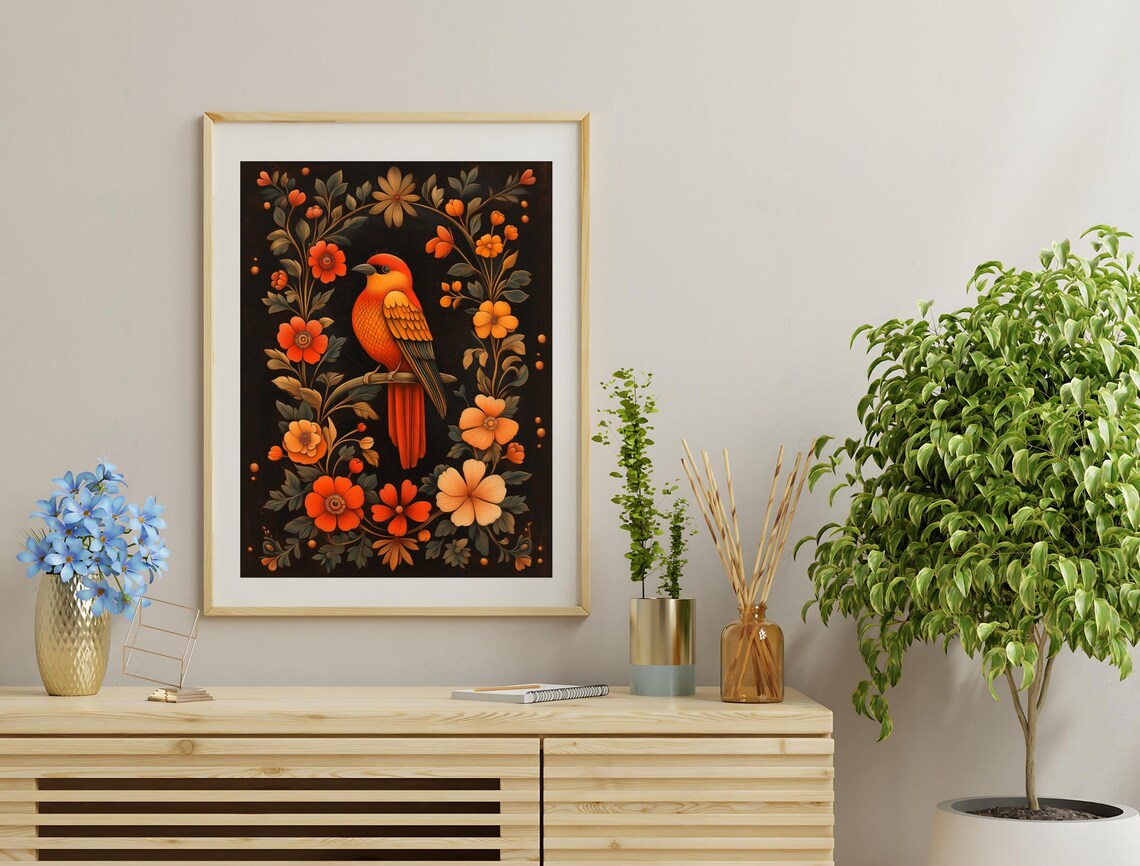 Bright Orange Bird Red Flowers Black Background Folk Botanical Art Print - Image 2