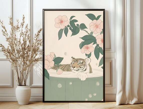 Tiger Cub Bathing Cherry Blossom Japanese Minimalist Animal Poster