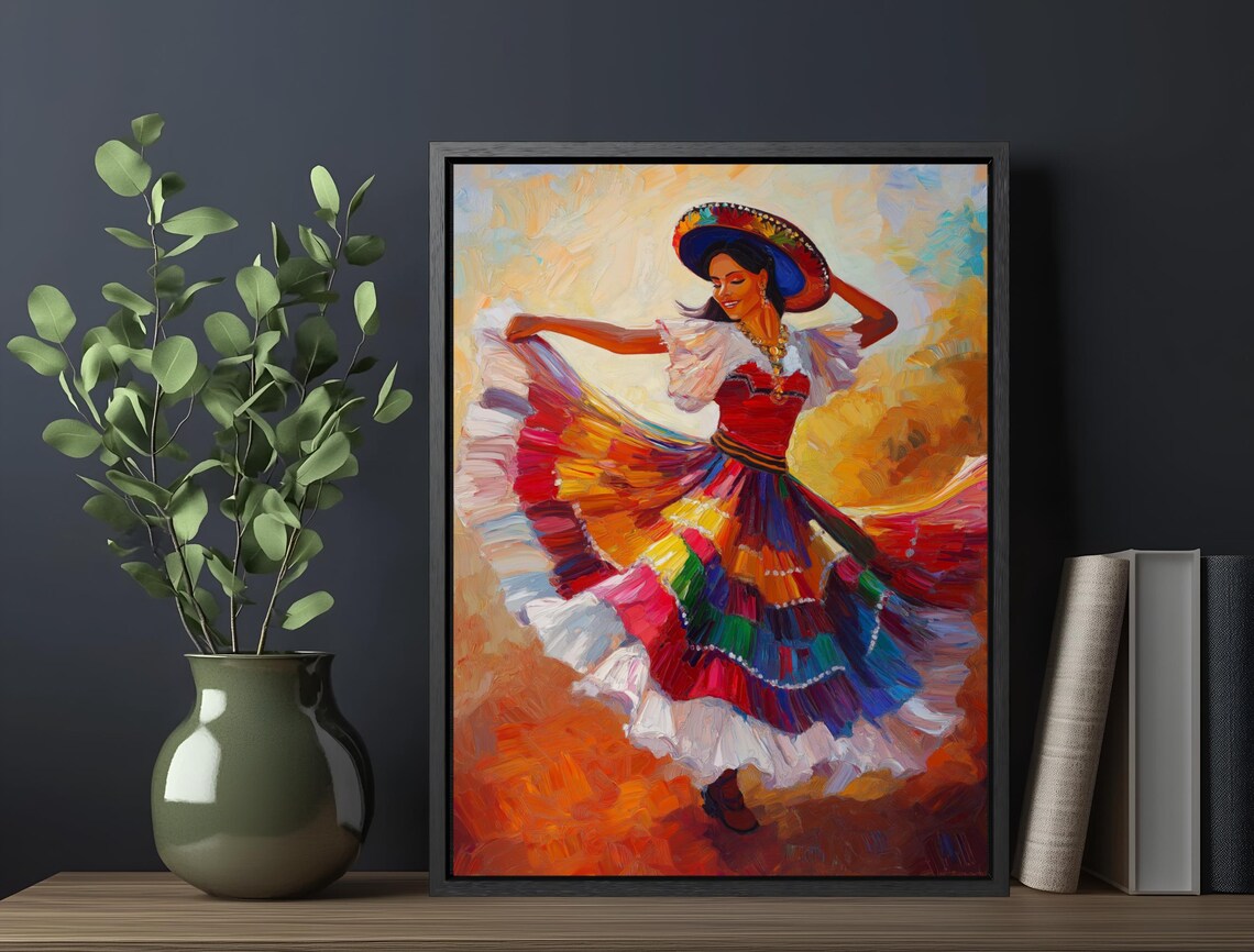 Colorful Mexican Folk Dancer Traditional Dress Sombrero Oil Painting Print - Image 6