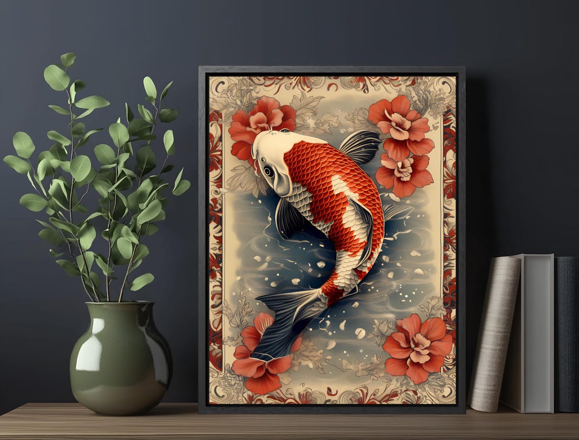 Red White Koi Fish Japanese Tattoo Art Red Blossom Flowers Print - Image 6