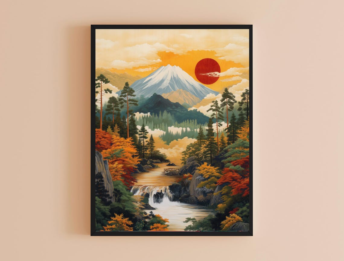 Mount Fuji Sunset Waterfall Vintage Japanese Mountain Travel Poster - Image 4