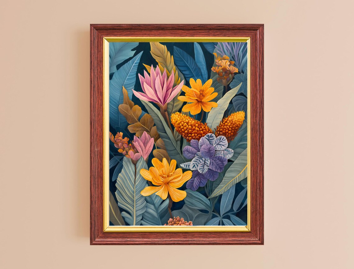 Tropical Floral Pink Lotus Yellow Blooms Blue Leaves Maximalist Print - Image 2