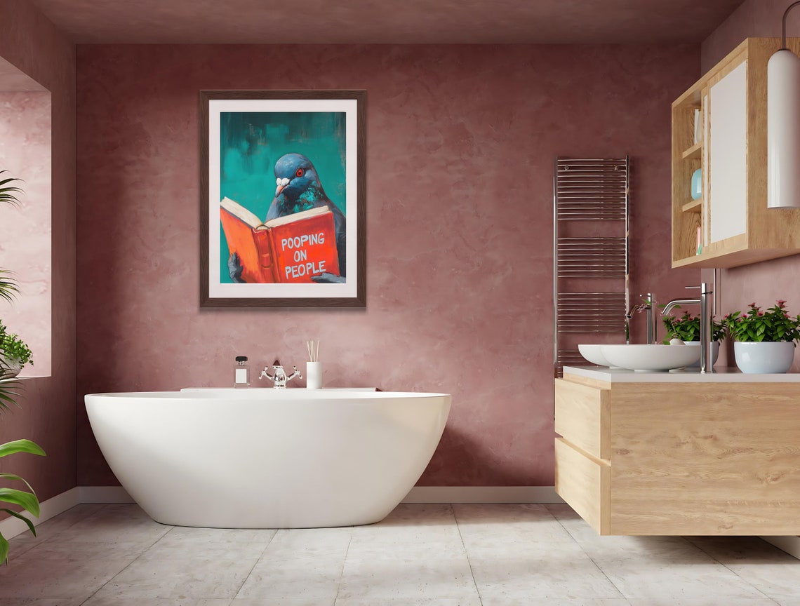 Funny Pigeon Reading Pooping on People Book Bathroom Humor Art Poster - Image 3