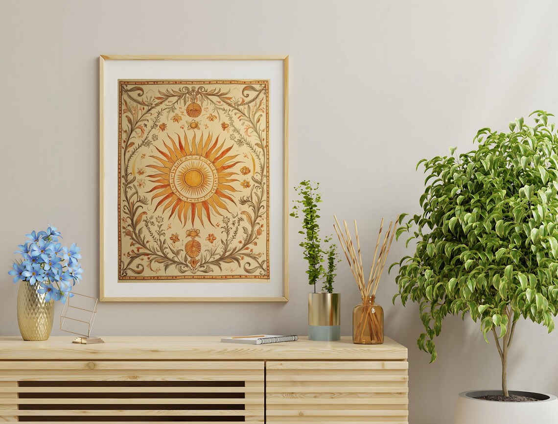 Boho Sun Design Art Print, Vintage Rose Floral - Image 2